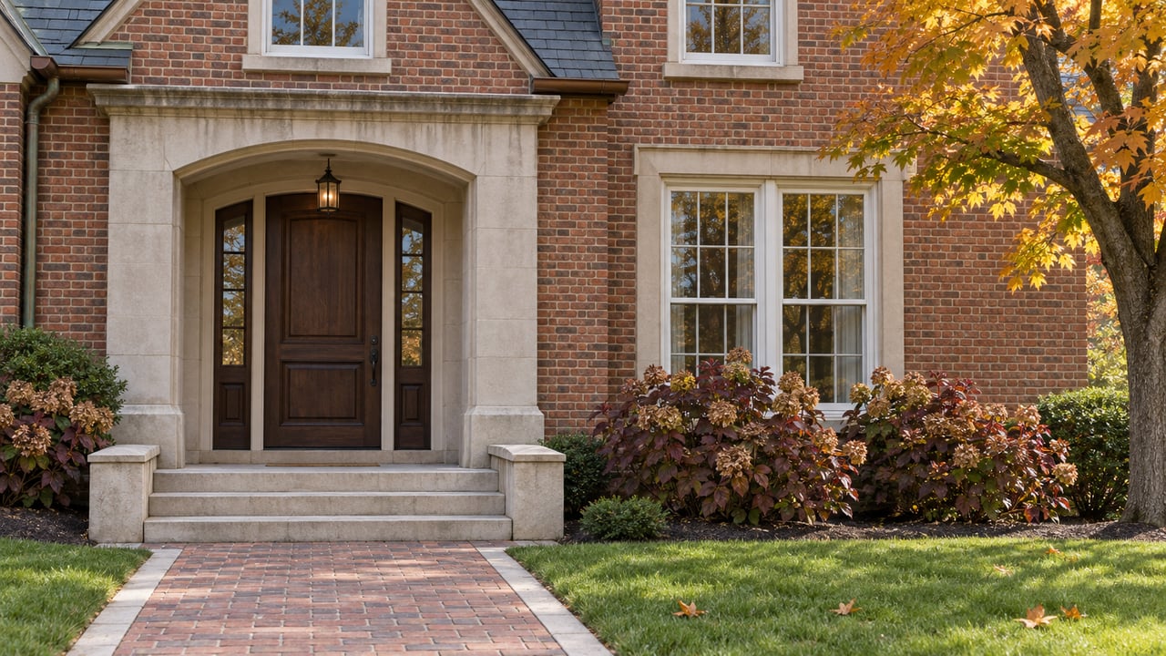 Brick home with a limestone-framed oak entry, white sash windows and autumn maple foliage beside a brick walk.