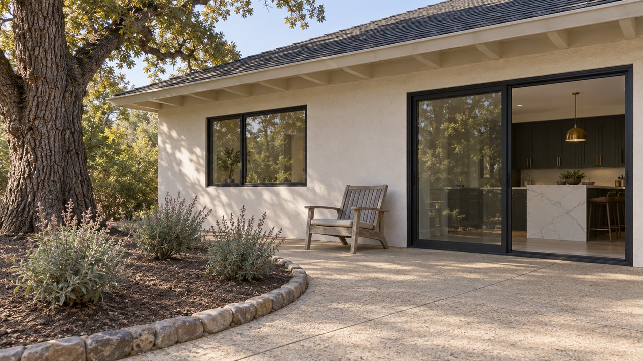 An oak-shaded rear terrace beside a renovated stucco home, with closed glass doors, a teak chair and sage planted behind a stone curb.