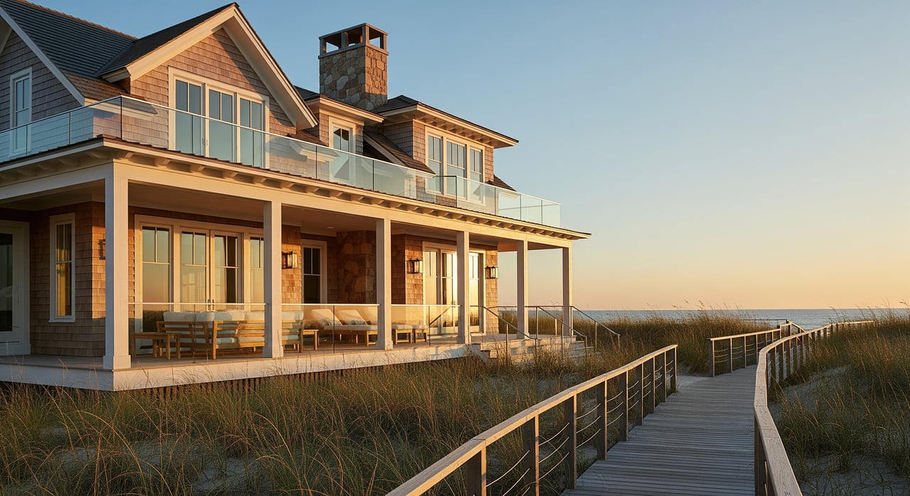 Shingled coastal house with a wraparound porch beside a raised boardwalk through beach grass.