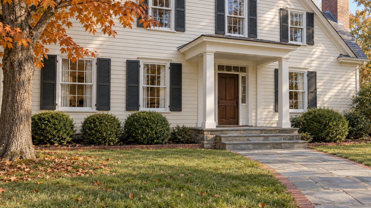 Autumn light on an ivory clapboard home with dark shutters, a wood entry door and a bluestone garden approach.