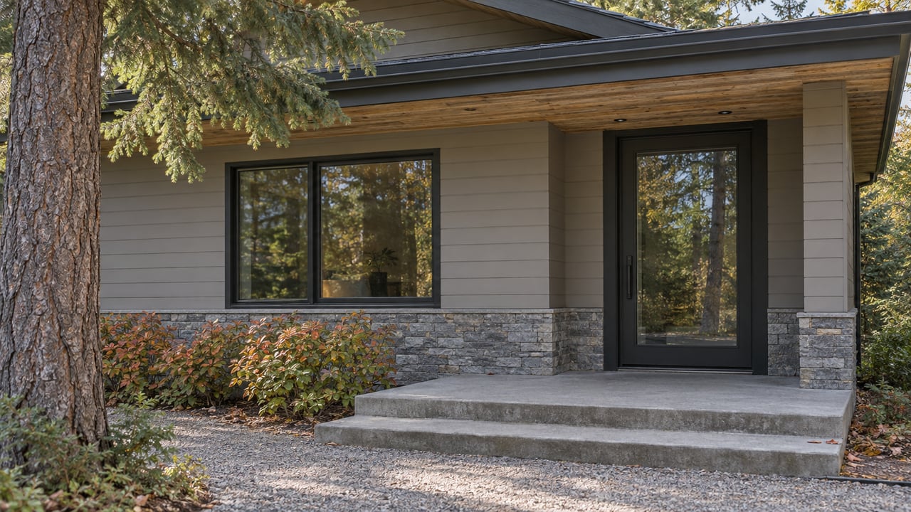 A modern home entry with a closed glazed door, broad window, concrete steps, and shrubs beneath a wood soffit.