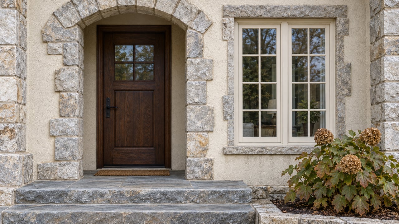 An oak entry door beneath an aged pale stone arch, beside a cream-framed French window and worn bluestone steps with autumn oakleaf hydrangea.