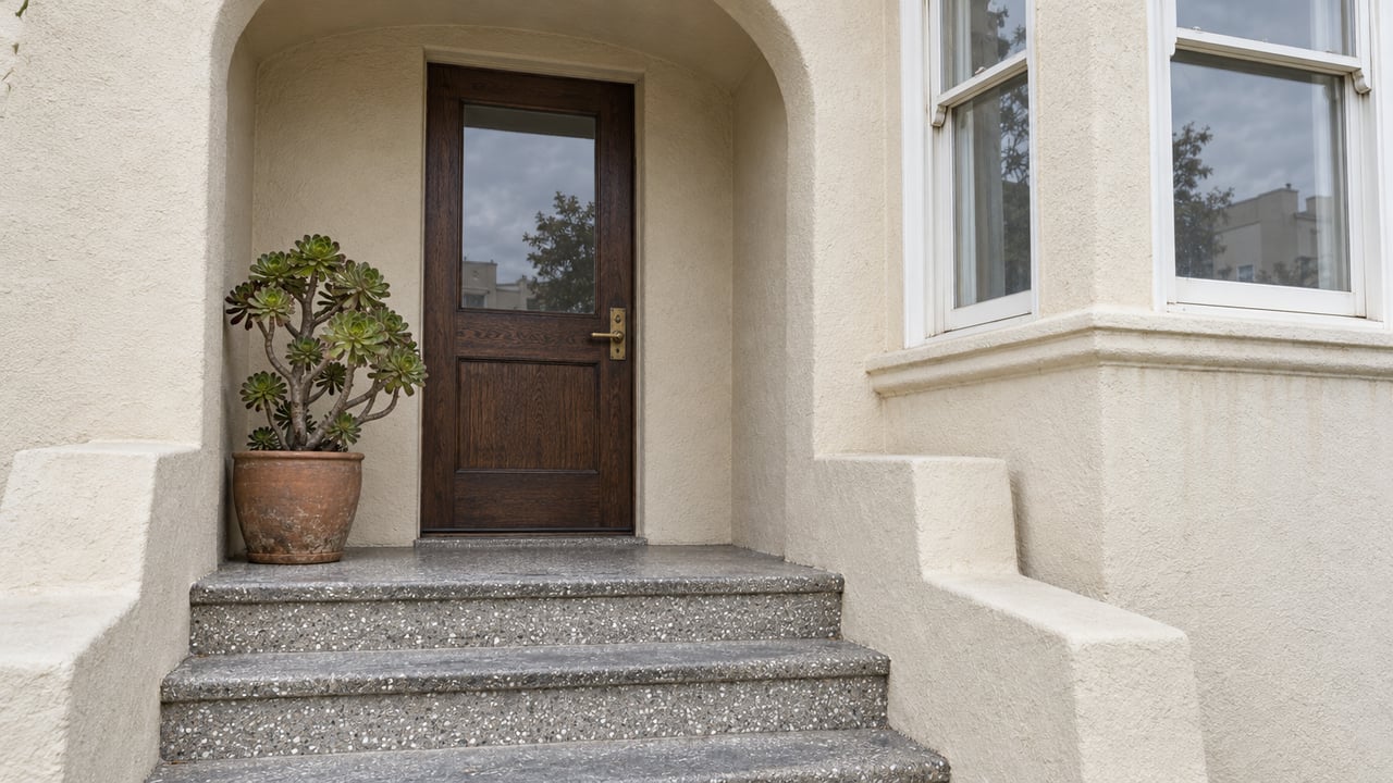 An arched ivory stucco entrance with a glazed oak door, gray terrazzo steps, and one terracotta pot holding a branching aeonium.