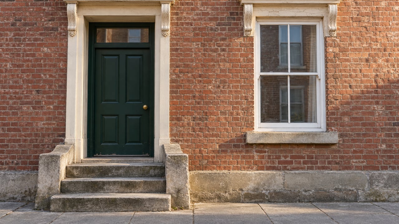 Late-afternoon light on a red-brick home's green door, tall white sash window and worn limestone stoop.