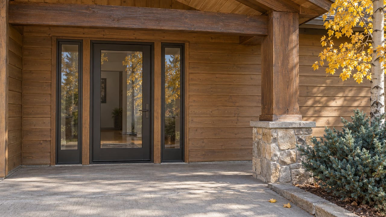 Autumn sunlight on a timber-covered porch with weathered wood siding, a glazed entry, stone column base and golden aspen leaves.