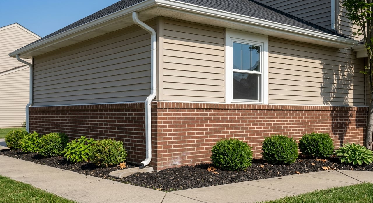 Brick meets vinyl siding beside a flashed window, with a downspout ending at a splash block above a planting bed.