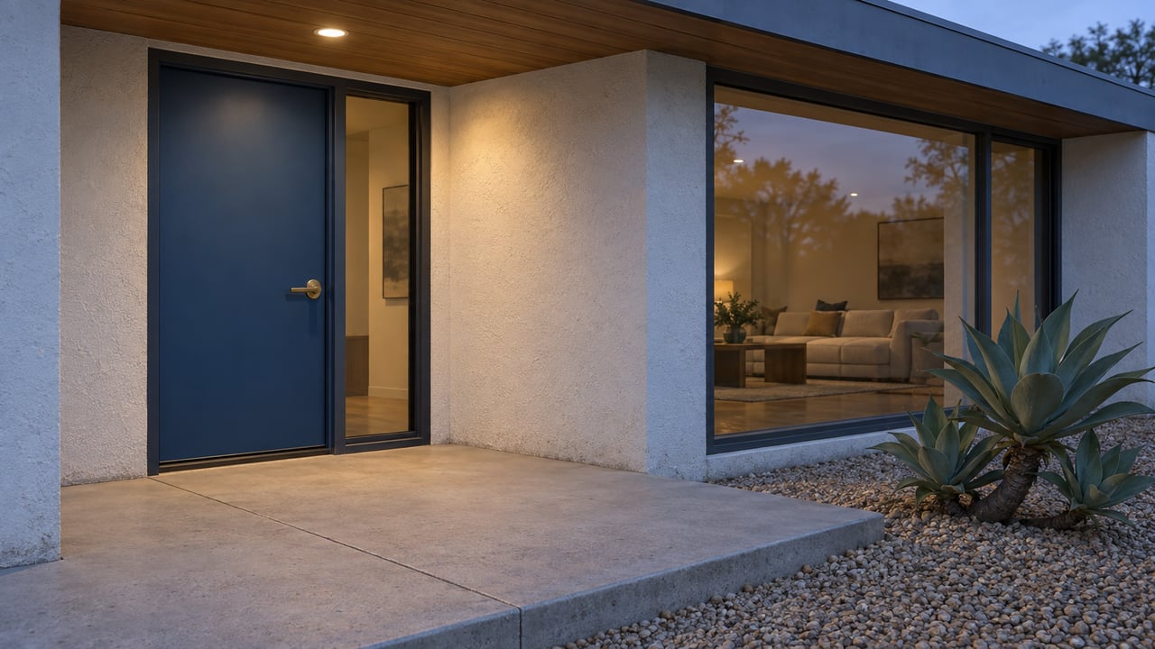 Blue entry door and dark-framed glazing beneath a thin flat roof, with warm entry light, white stucco, and a sculptural agave beside a concrete landing.
