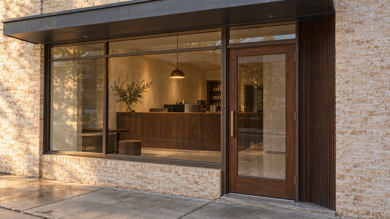 Sand-colored brick storefront with a glazed window, closed wood-framed glass door, and dark steel canopy.