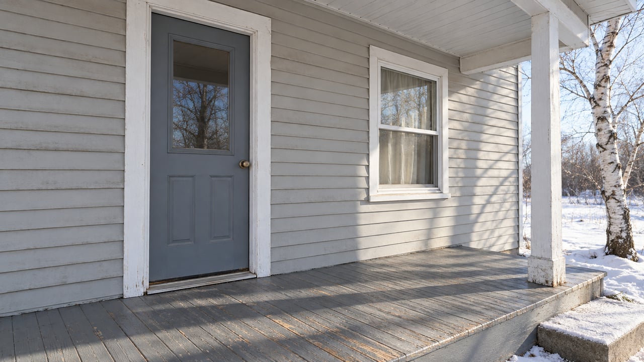 Winter sunlight falls across a modest cottage's closed front door, gray siding and worn covered porch, with snow on the concrete landing.