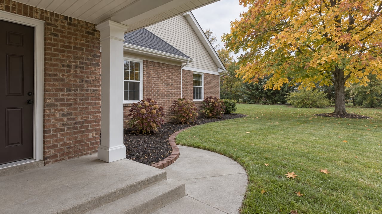 Covered brick entry and concrete steps overlooking an autumn lawn, a yellow-orange maple and a beige-sided gabled wing.