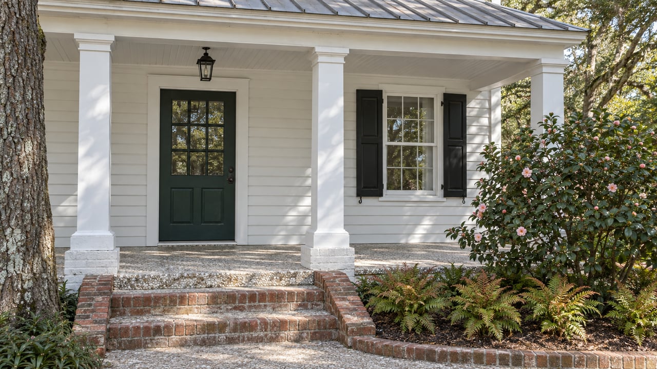 White clapboard cottage porch with a dark-green glazed door, paired black window shutters, shell-aggregate paving and worn brick steps beside camellia and ferns.