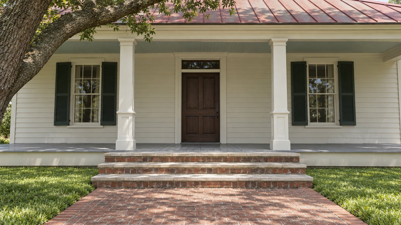Brick approach and limestone steps lead to an ivory timber veranda with dark green shutters beneath a muted red metal roof, framed by a mature live oak.