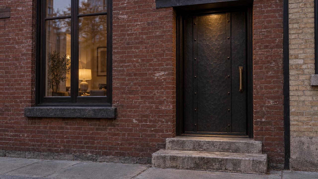Recessed hammered-steel entry beside a glazed timber casement, with a warm lamp glowing behind the glass.