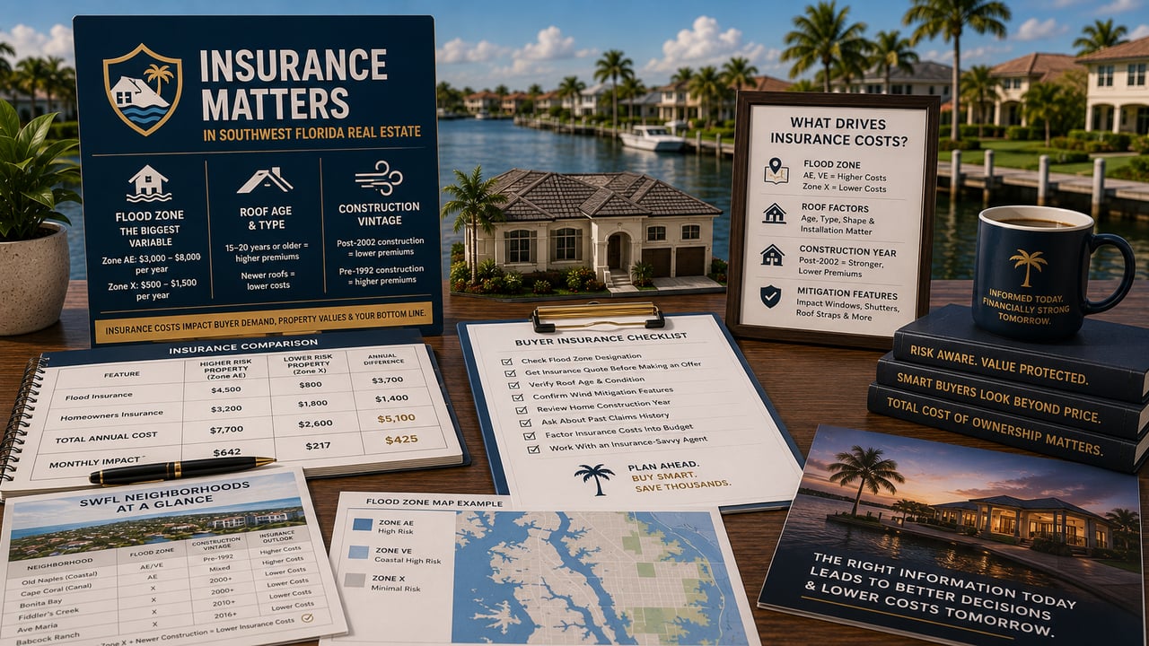 Luxury Southwest Florida waterfront home with home insurance planning materials, flood zone maps, roof and wind mitigation documents, and cost comparison worksheets, illustrating how insurance costs, flood zones, roof age, and construction quality influence home values and buyer decisions in Naples, Fort Myers, Bonita Springs, Estero, and Cape Coral.