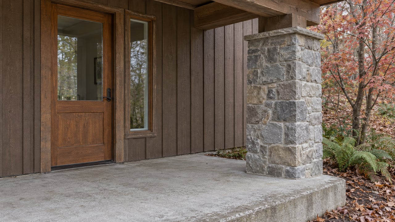 Weathered timber entrance with a stone porch pier and raised concrete landing beside red maple leaves and evergreen ferns.