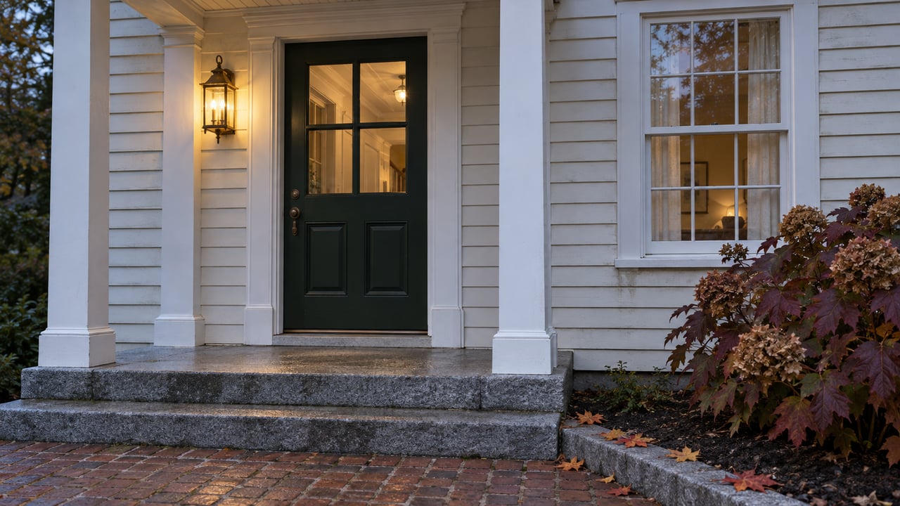 Traditional clapboard home entrance at dusk, with a warm brass lantern, dark green door, granite steps and autumn oakleaf hydrangea.
