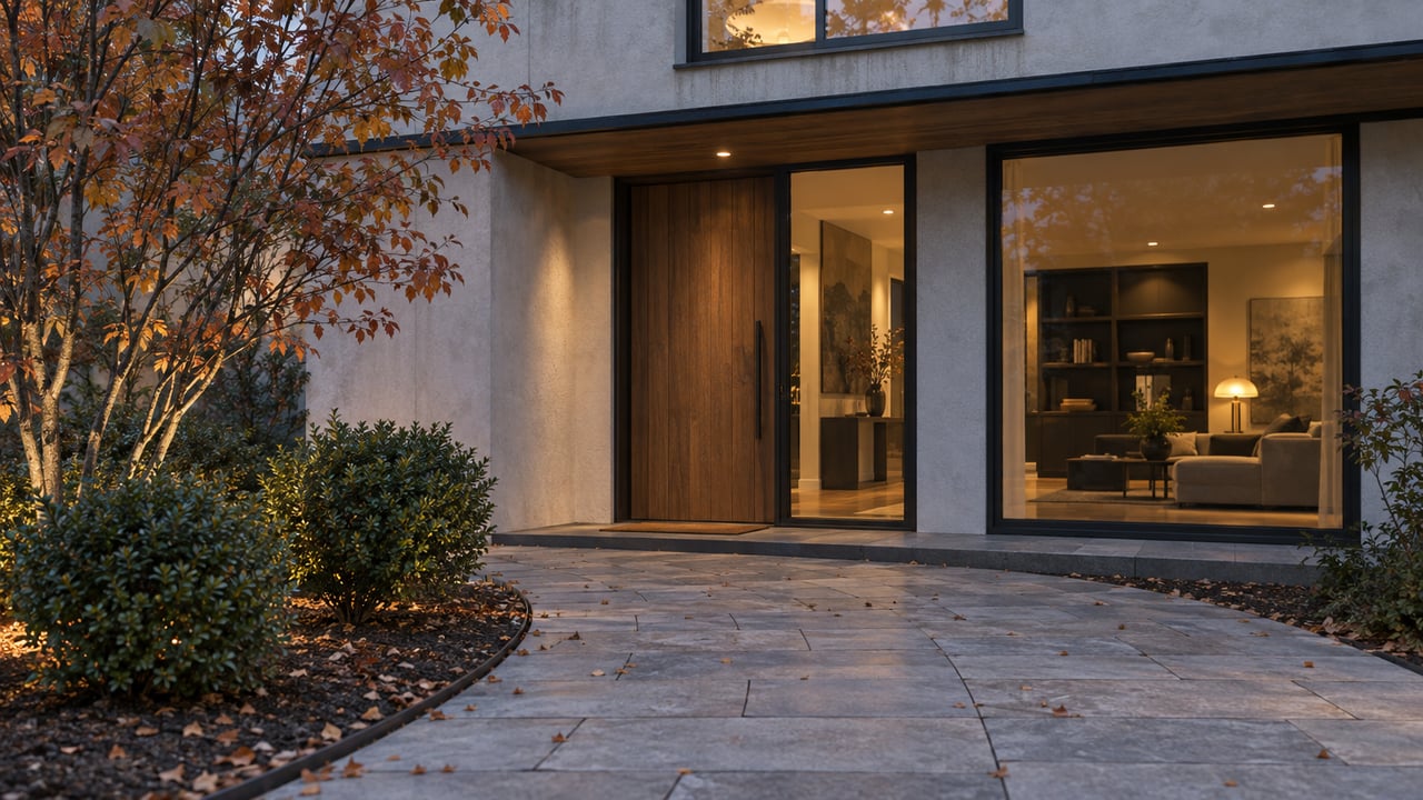 Blue-hour home entry with a warm wood door, glowing windows, curved stone path, and copper-leaved tree.