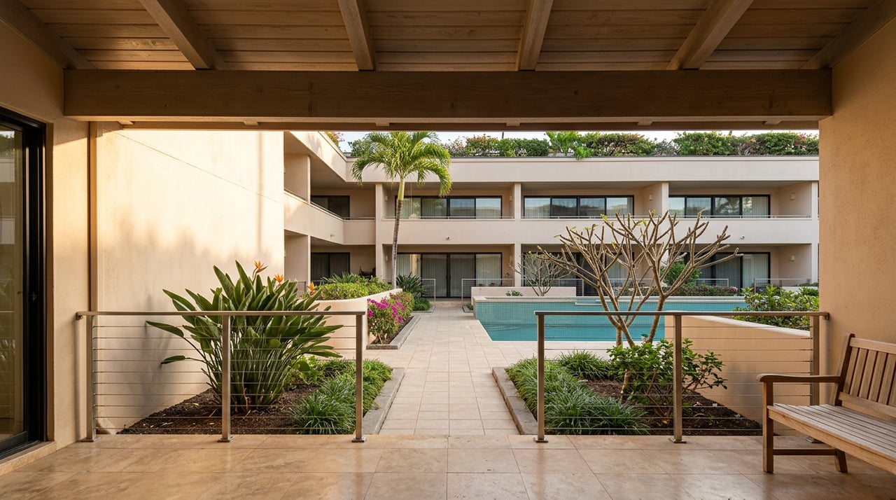 Covered lanai overlooks a tiled courtyard with a turquoise-edged pool, palms, and a three-story stucco building.