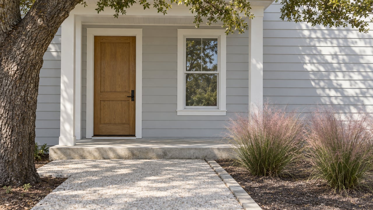 Pale-gray clapboard home with an oak door, glazed window, concrete step, and grasses beneath an overhanging oak.