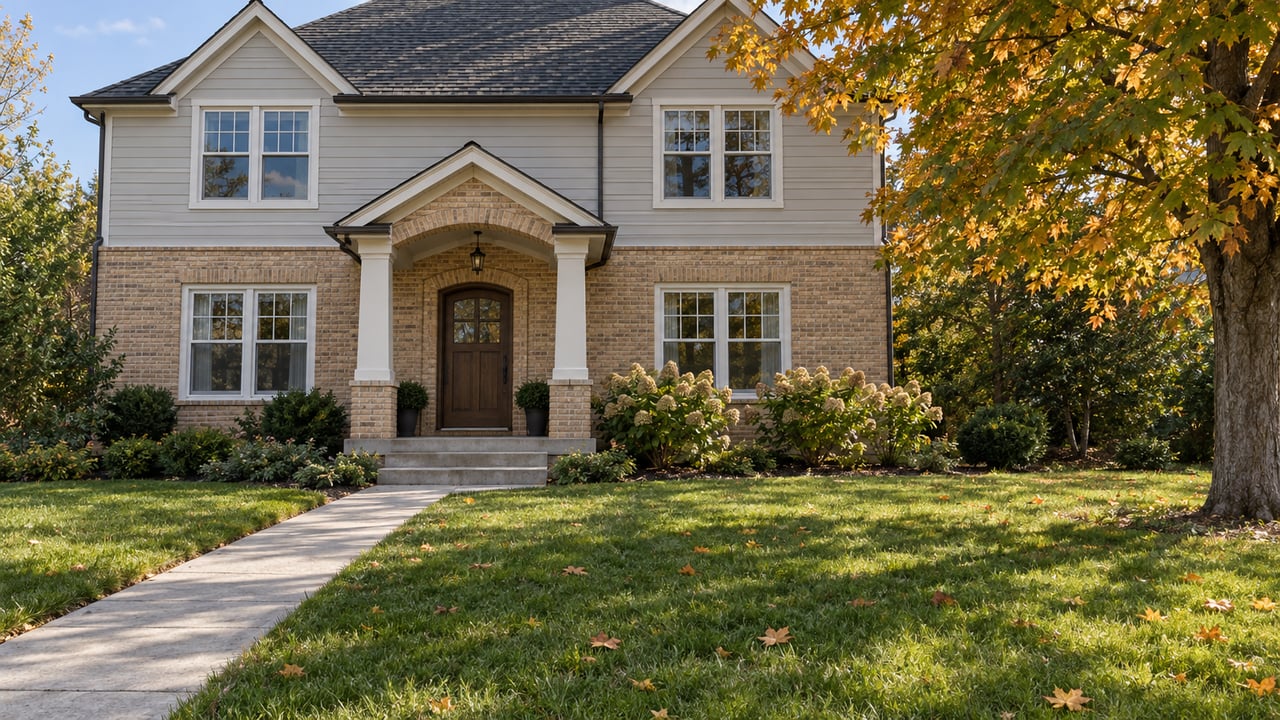 A two-story brick and pale gray sided home behind a deep autumn lawn, with an arched entry and a mature amber-leaved maple.