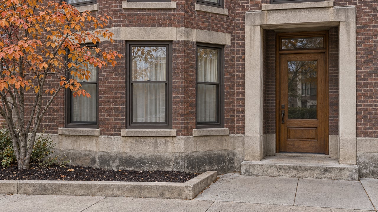 Russet brick apartment facade with limestone trim, a recessed oak entrance and an autumn serviceberry beside the walk.