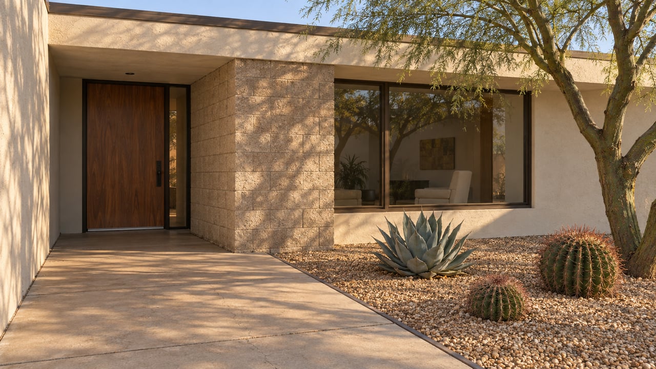 Morning light on a flat-roof home's buff masonry entry, cream stucco, bronze-framed window, and sculptural desert courtyard planting.