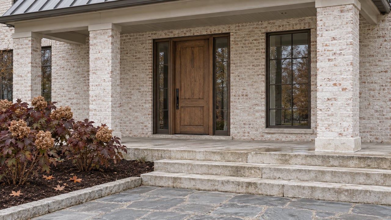 Limewashed brick entry with an oak door, limestone porch steps and burgundy oakleaf hydrangeas in soft autumn light.