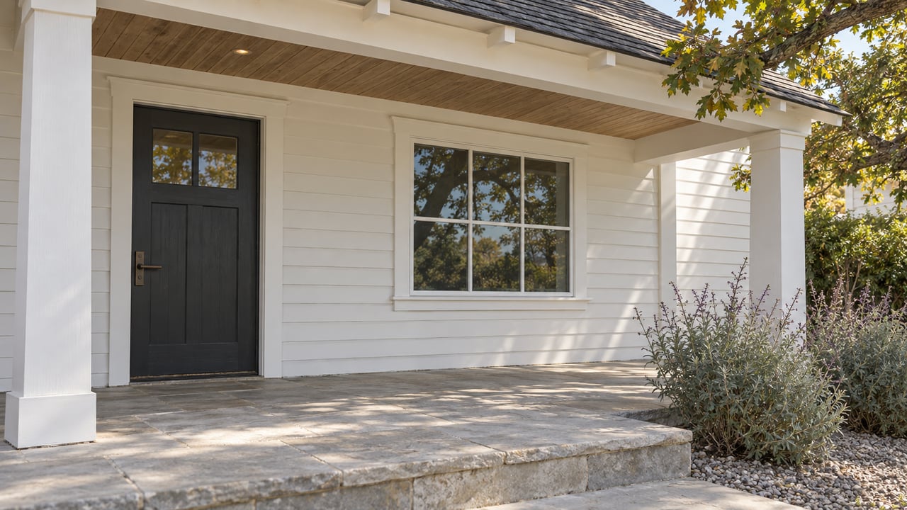 White house with a covered porch, black front door, and broad stone steps.