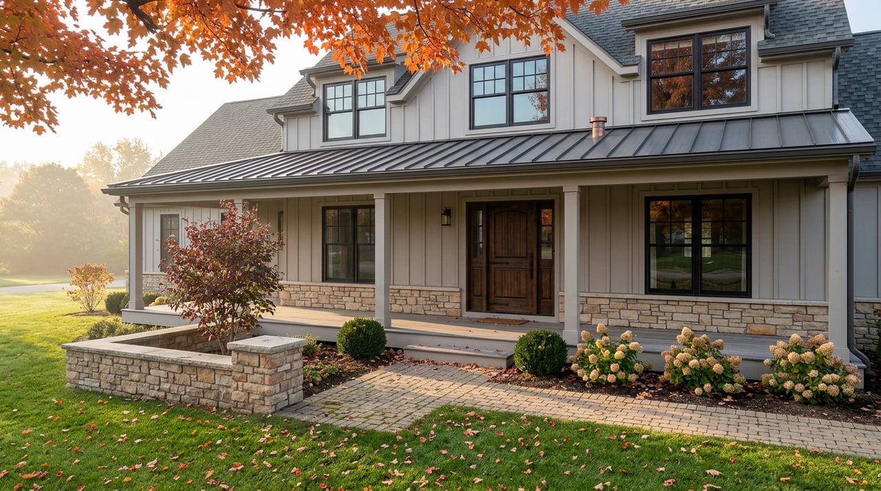 Gray farmhouse with a wraparound porch, fieldstone wall, brick walkway, and orange-red maple leaves across the lawn.