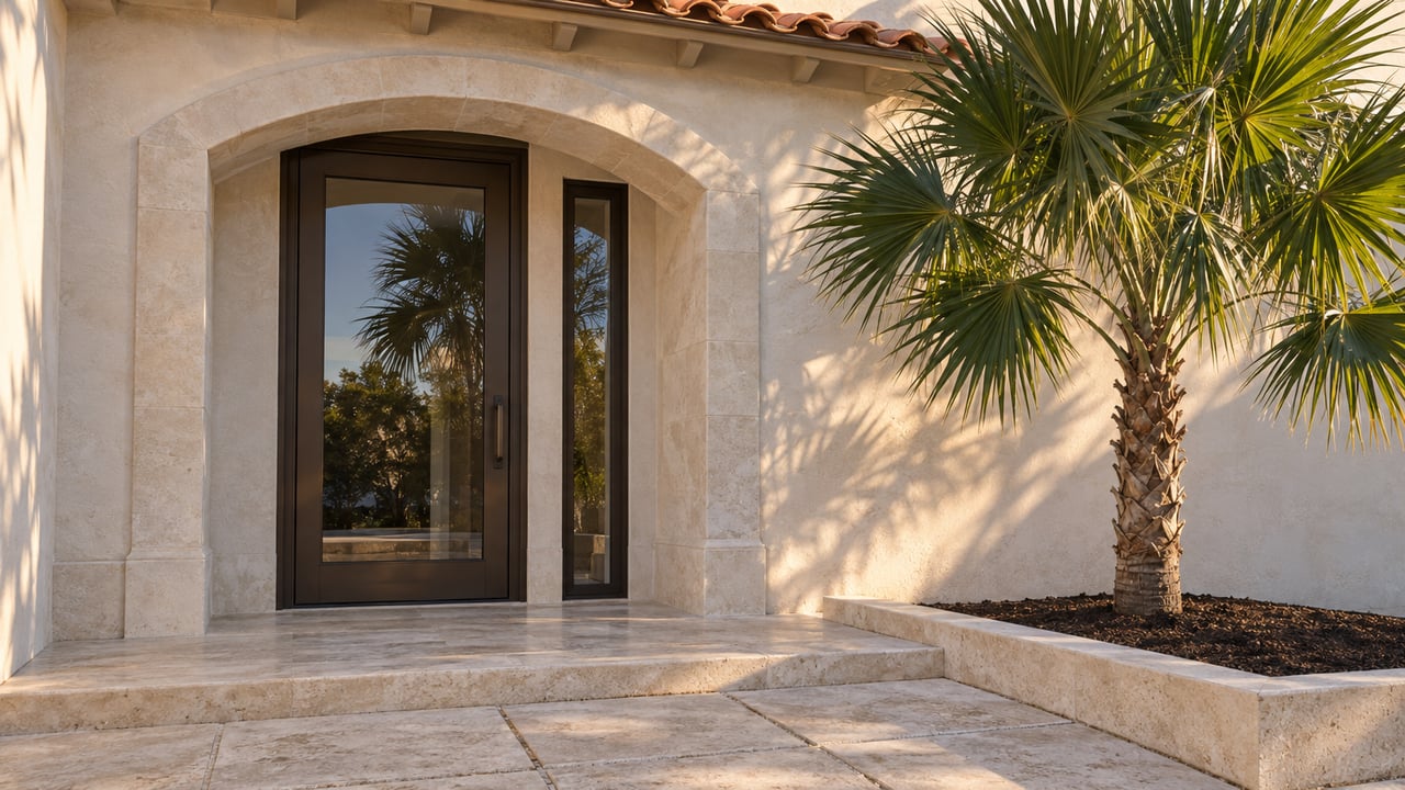 Limestone-arched entry with a closed bronze-framed glass door, sidelight, and fan palm beside the landing.