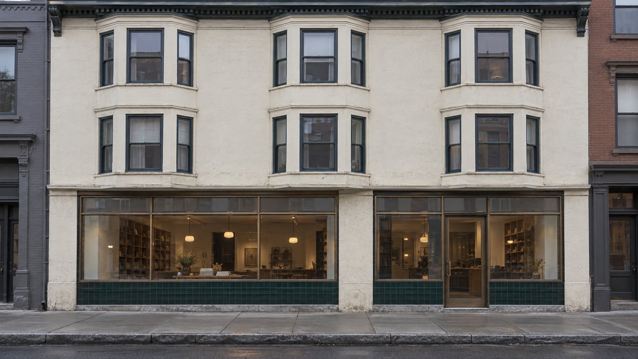 Four-story cream stucco building with projecting bay windows and a dark green tiled storefront.