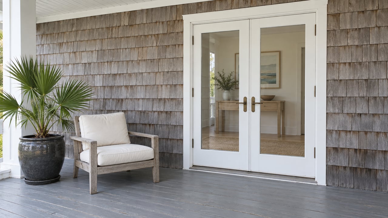 Covered porch with white French doors, a cushioned wooden chair, and a potted palm.