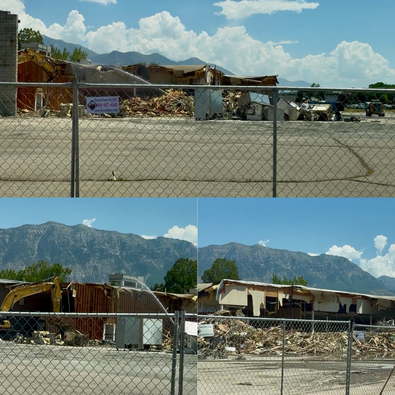 Three photos showing the Allen's Super Save building in north Orem being demolished by excavator with the Wasatch Mountains in the background