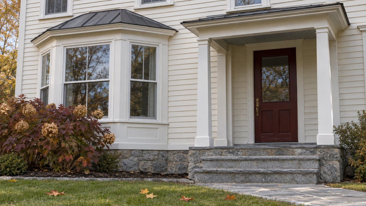 Ivory clapboard home with a glazed bay, sheltered oxblood front door, granite steps and burgundy oakleaf hydrangea.