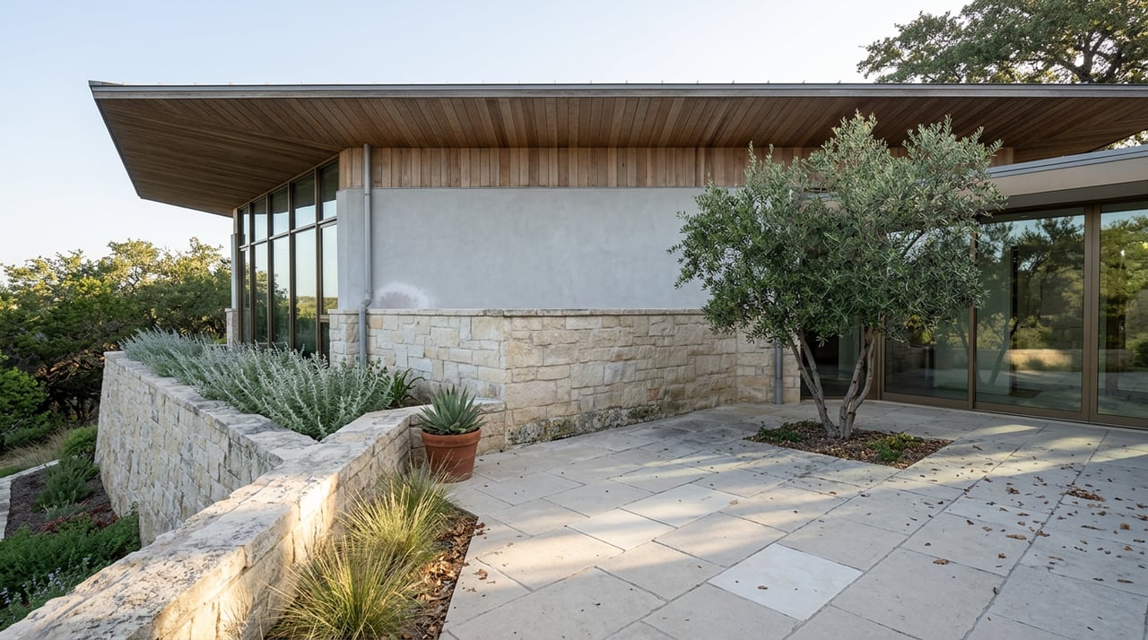 Modern hillside home with a glass pavilion, limestone terrace, olive tree, and planted stone retaining wall.
