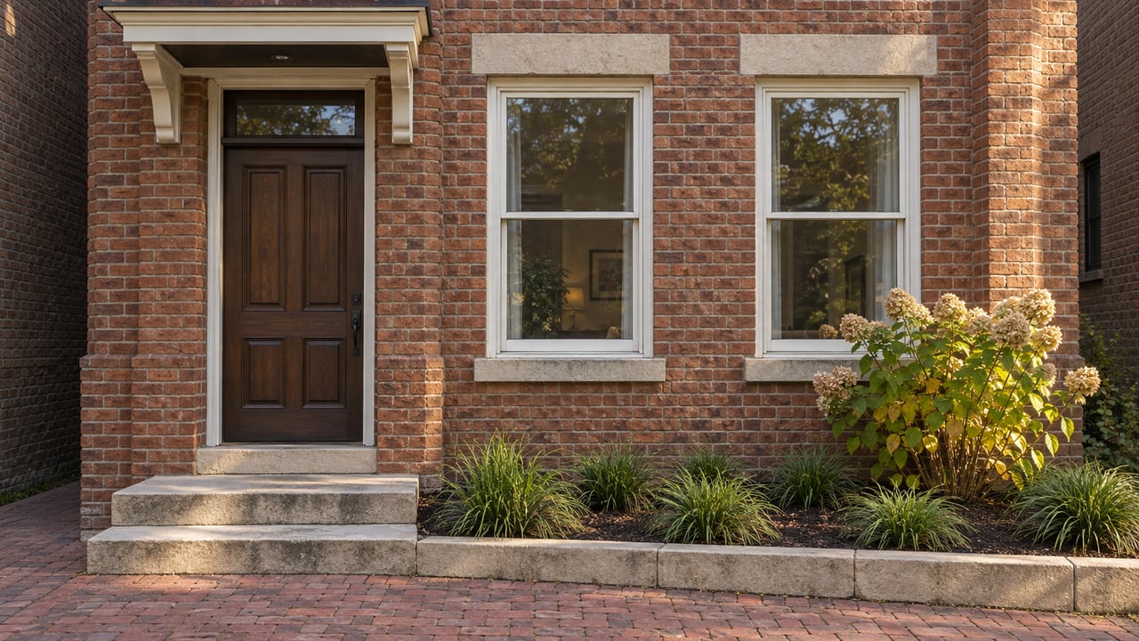 Warm brick house entrance with white-trimmed windows, worn limestone steps and a small hydrangea planting bed.
