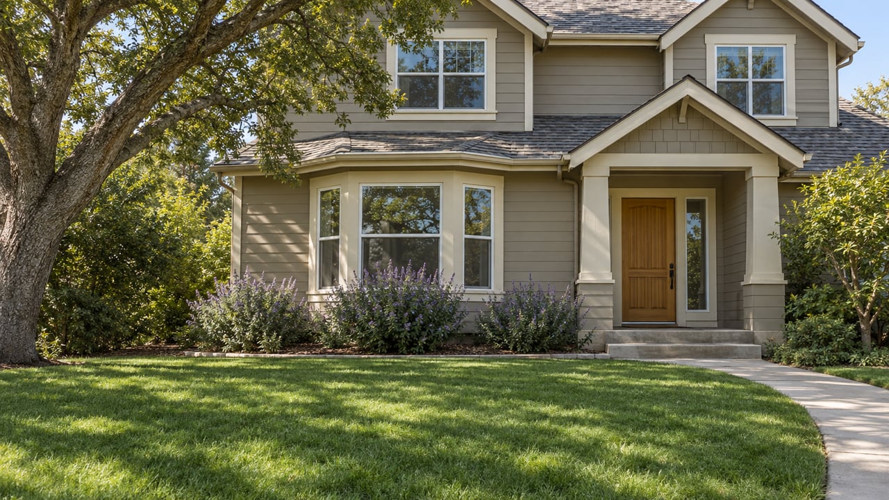 Sunlit taupe-sided two-story home with bay windows, a gabled entrance and a deep front lawn shaded by a mature oak.