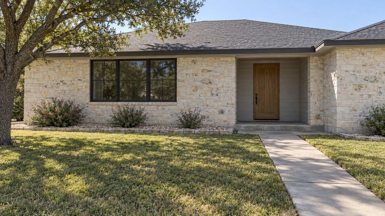 Single-story limestone home with a recessed oak entry, broad front lawn and mature spreading oak in bright daylight.
