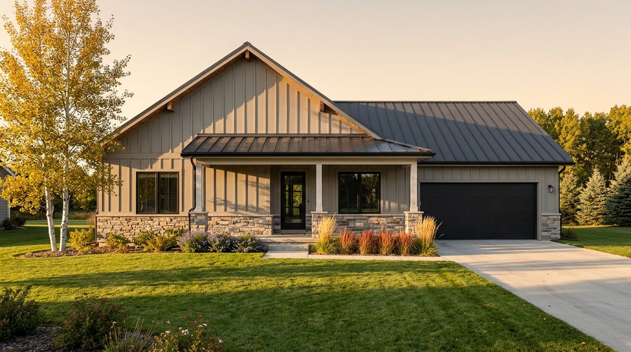 Gray modern farmhouse with stone porch piers, black garage door, golden aspen, and ornamental grasses in autumn light.