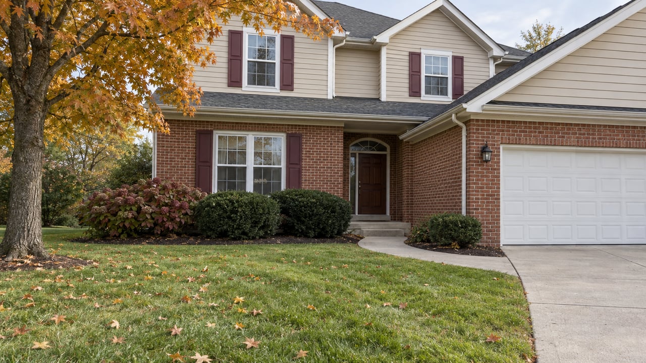 Autumn lawn and curved concrete walk leading to a two-story brick-and-tan-sided home beneath an amber sugar maple.