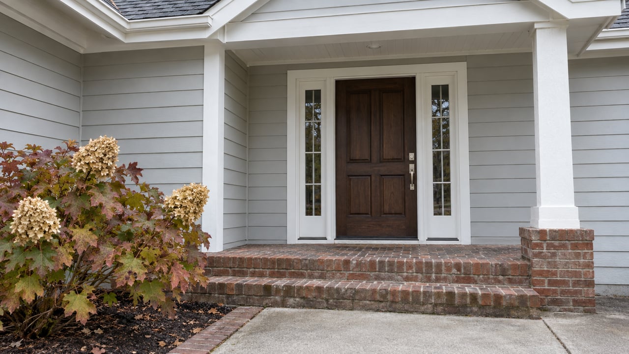 Covered house entry with pale gray clapboard siding, a dark wood door, matching sidelights and red-brown brick steps beside autumn oakleaf hydrangea.