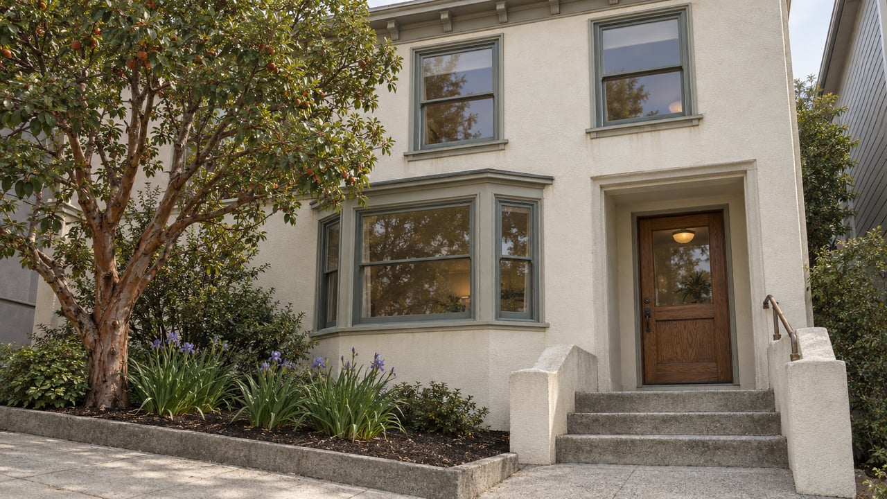 A closely framed hillside home with ivory stucco, gray-green bay windows, an oak entry door and concrete steps beside a strawberry tree and Douglas irises.