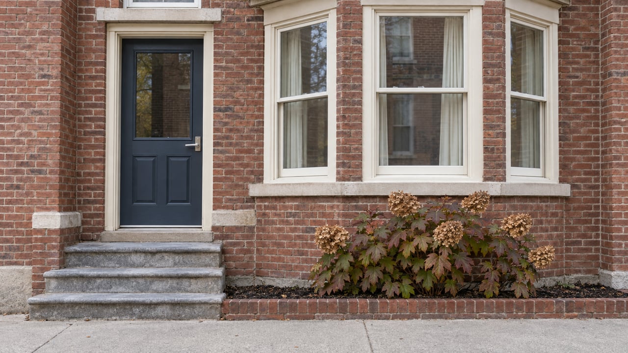 A blue-gray residential door and ivory-trimmed window bay in weathered red brick, above limestone steps and an autumn oakleaf hydrangea.
