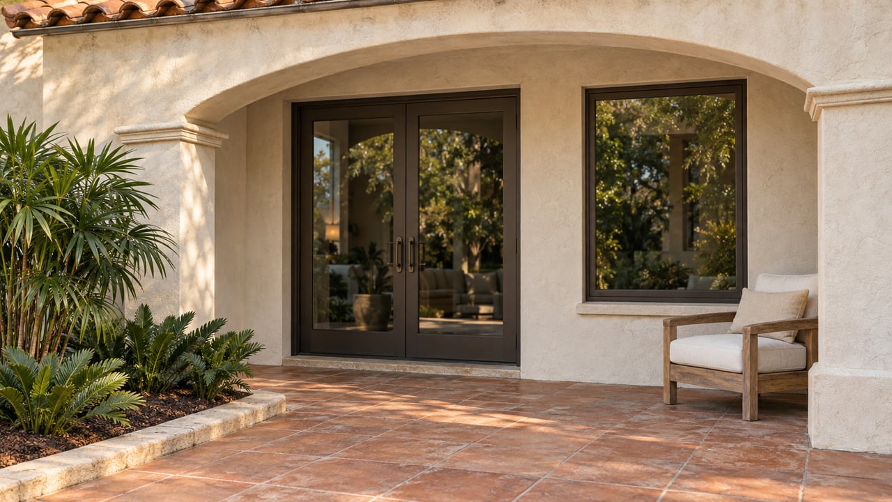 Sun-warmed stucco patio with an arched glazed entry, terracotta paving, a teak chair and fan-leaf planting.