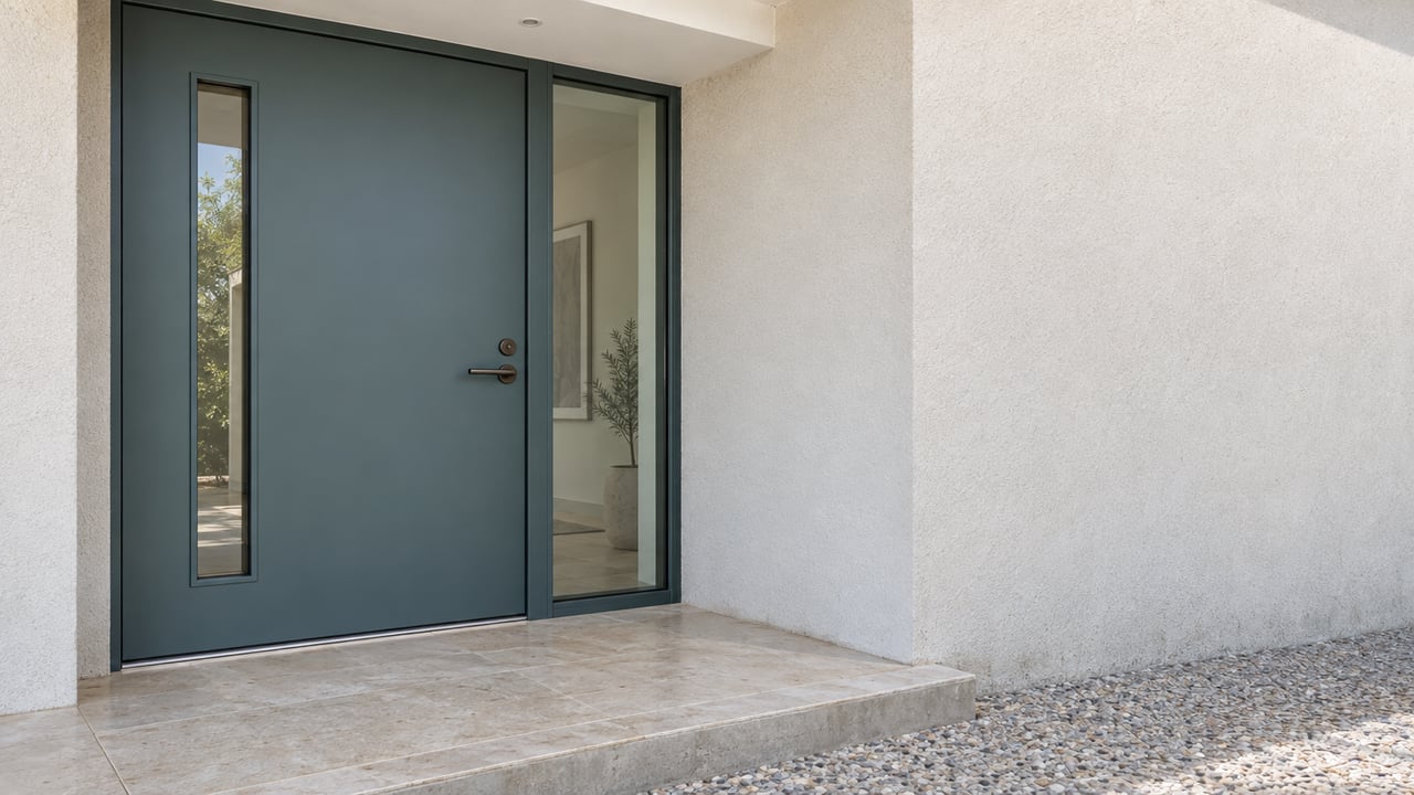 Blue-green entry door with a narrow glass inset, beside a glass sidelight and raised stone landing.