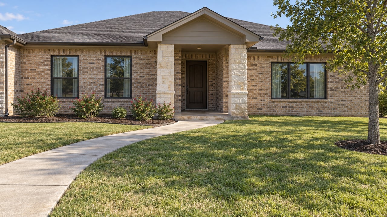 A single-story buff-brick home with pale stone porch piers, dark-framed windows, and a deep sunlit front lawn.
