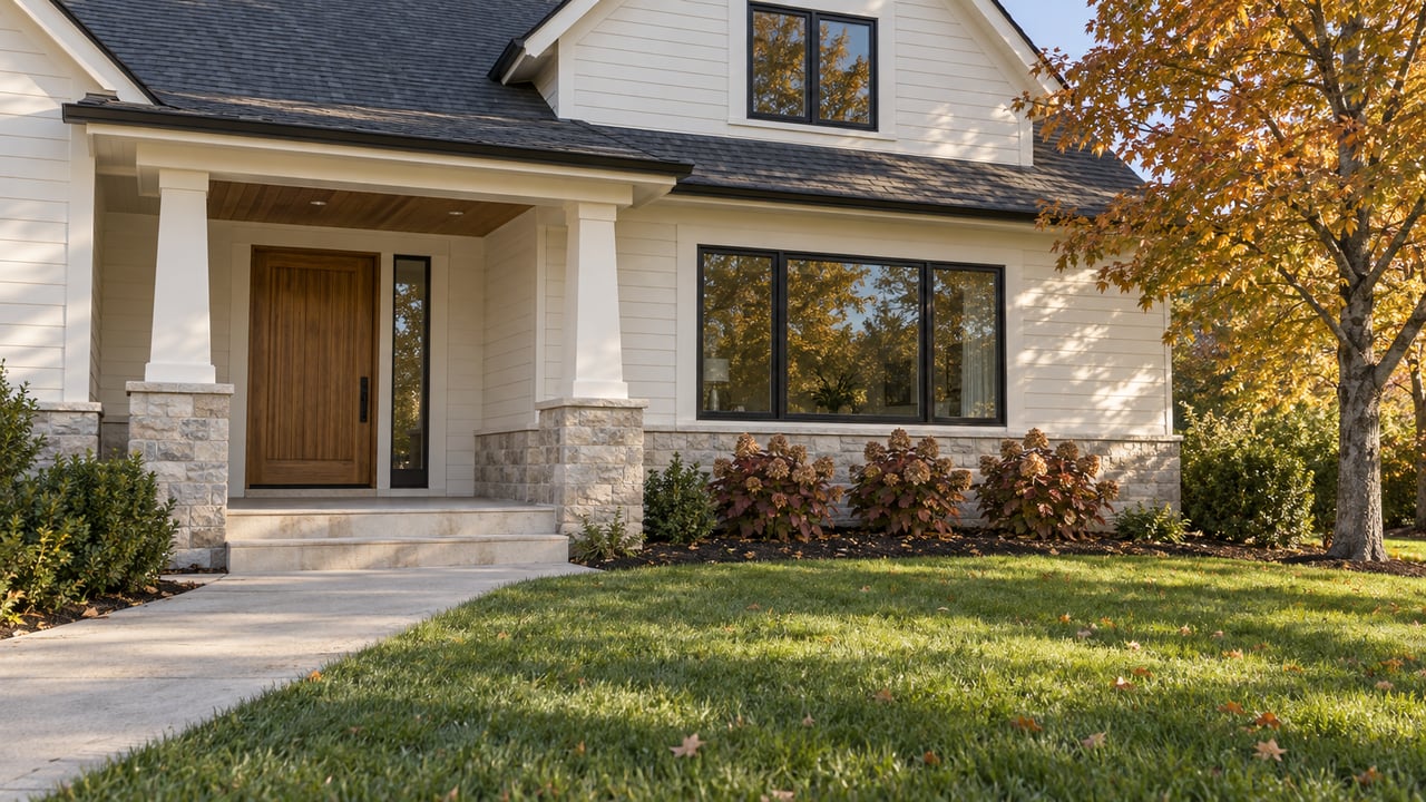 Cream-sided gabled home with black-framed windows, a cedar entry door, limestone porch steps, and an autumn sugar maple beside a deep front lawn.