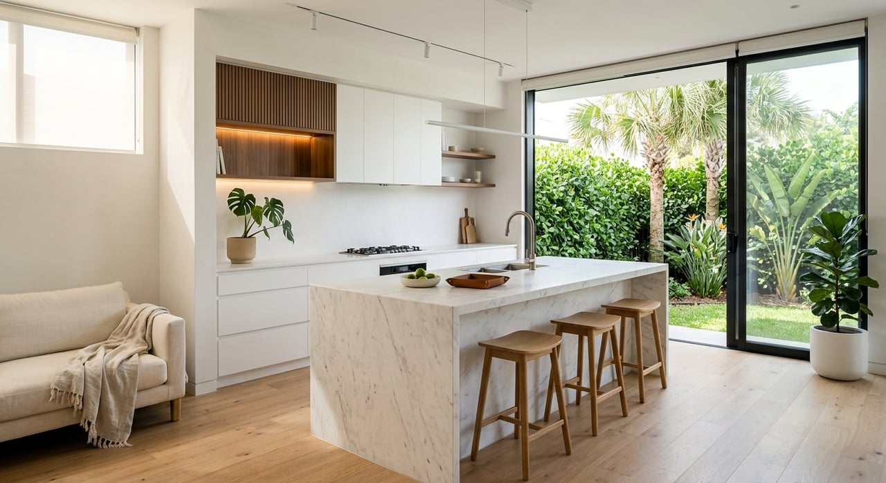 Open-plan kitchen with a marble island, walnut slat detail, and glass sliders overlooking a planted patio.