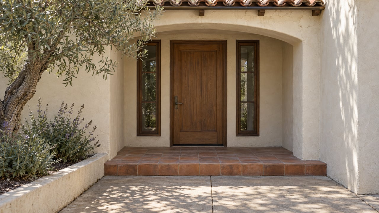 Sunlit stucco entry with an oak door, paired narrow windows, worn terracotta steps, and an olive tree beside a raised planting bed.
