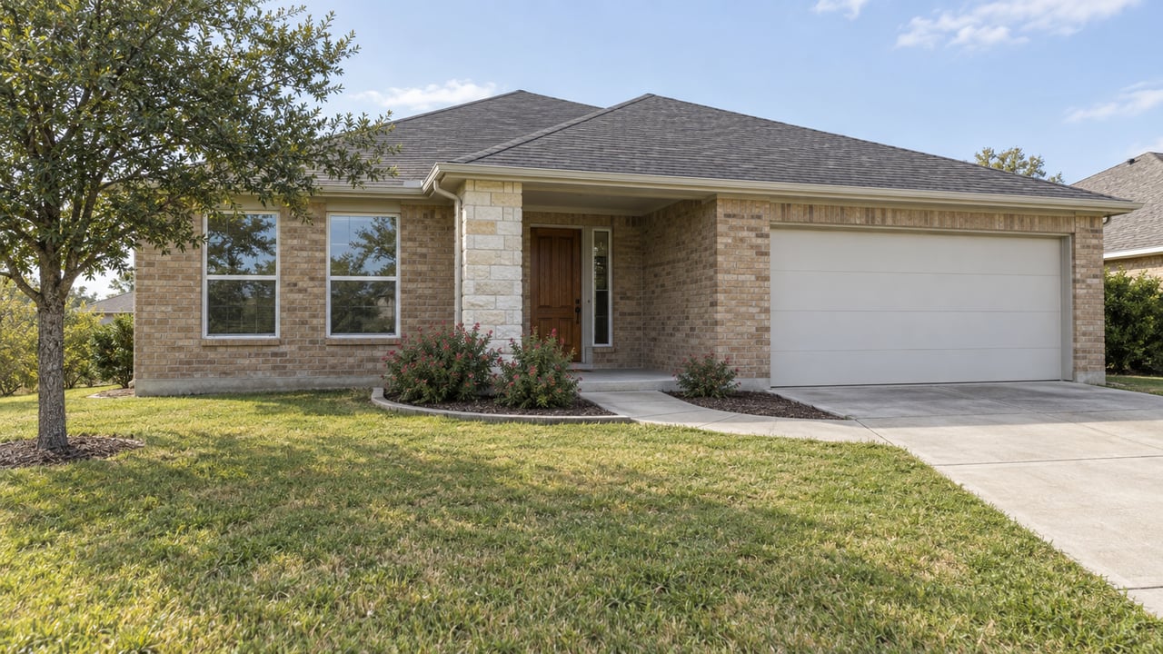 Single-story buff brick home with a stained wood entry, deep front lawn, and a curved concrete approach in afternoon light.